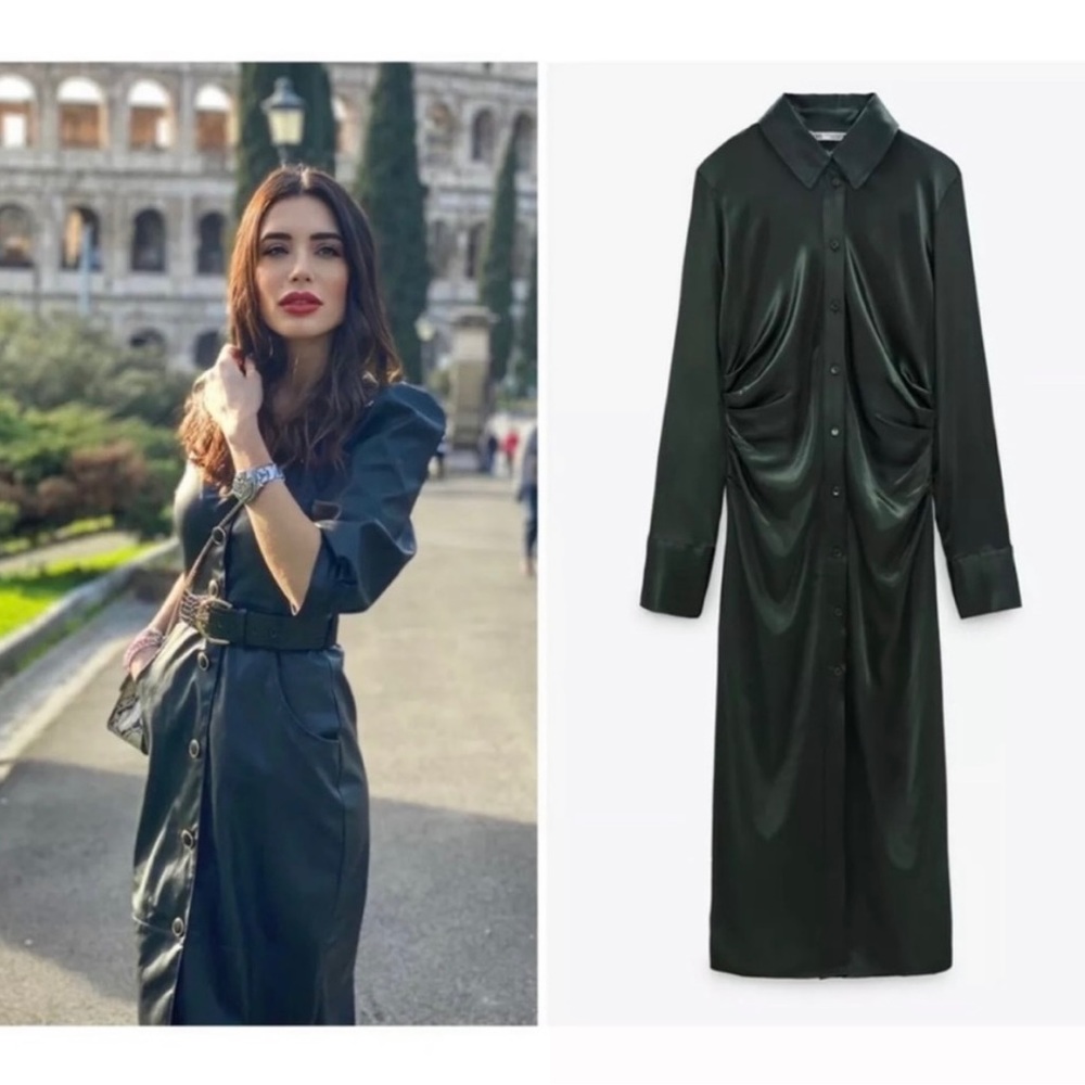 NWT Zara Satin Dark Green Shirt Dress XL